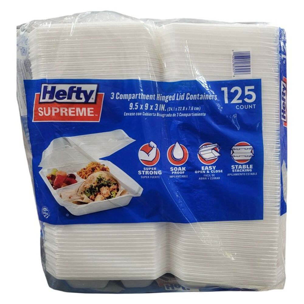 Hefty Supreme Foam Hinged Lid Container, 3-Compartment 125 ct.